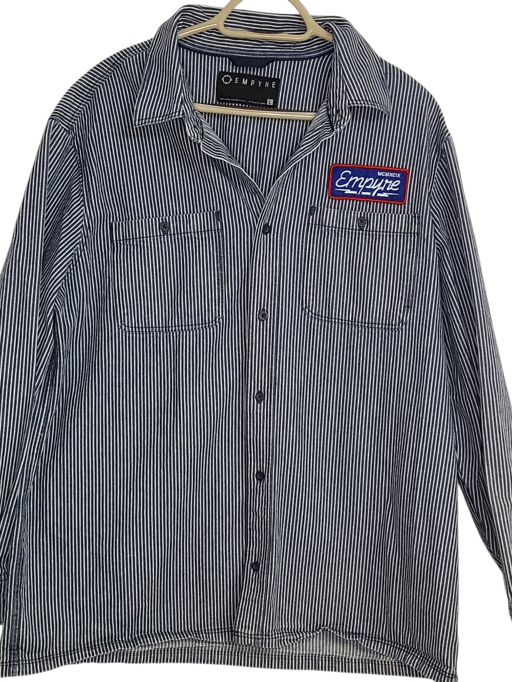 Empyre Blue White Stripe Button Down Long Sleeve Workwear Shirt Size Large